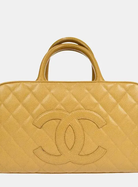 Chanel Timeless CC Quilted 37 Beige Caviar Leather Top Handle Bowling Bag