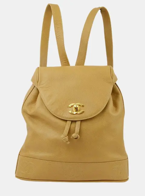 Chanel Vintage 1995 Triple CC Beige Caviar Skin Leather Backpack Bag