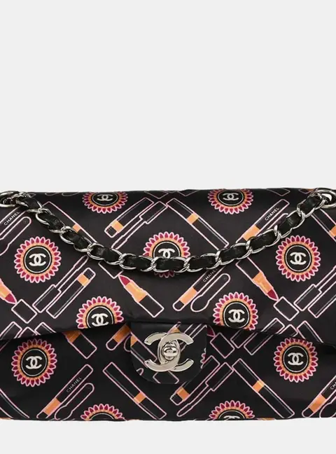 Chanel Lipstick Classic Medium Black Multicolor Satin Single Flap Shoulder Bag