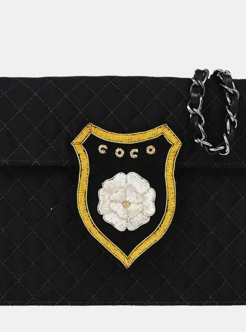 Chanel Cruise 2005 Camellia Crest Emblem Black Canvas Flap Chain Shoulder Bag