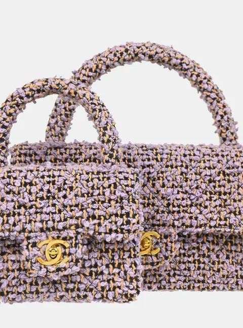 Chanel Vintage Classic Single Flap 2 in 1 Purple Orange Tweed Top Handle Bag Set