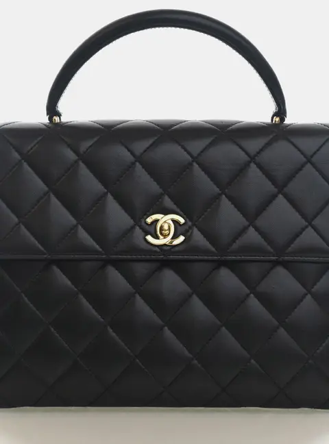 Chanel Vintage Kelly Large Black Lambskin Leather Top Handle Bag