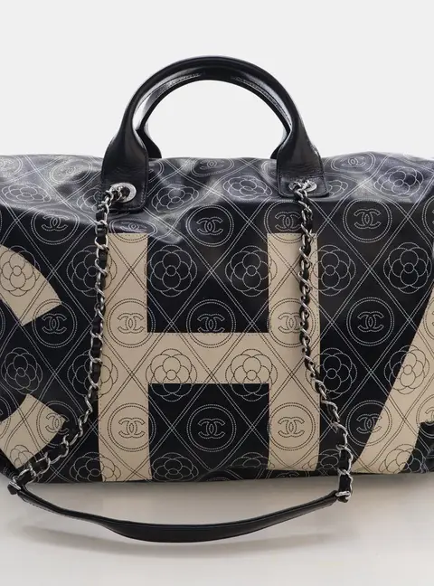 Chanel Camellia Printed 18 Black Coated Canvas Bowling Bag