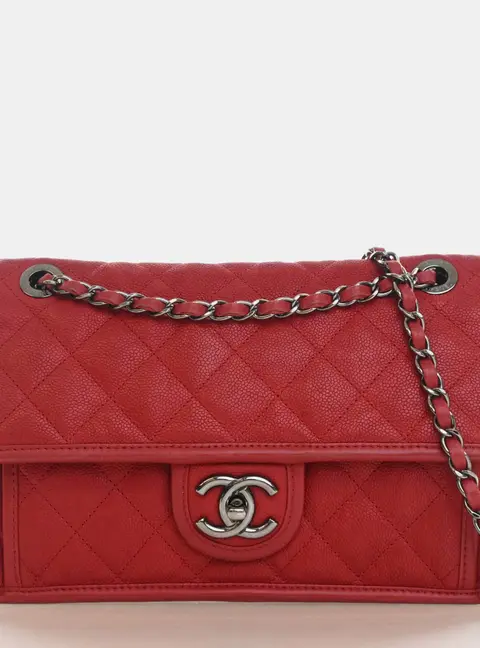 Chanel French Riviera Medium Red Caviar Grained Calfskin Leather Flap Bag
