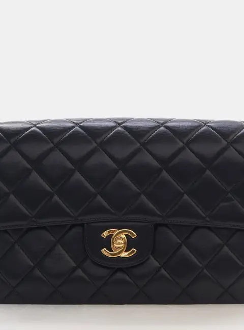 Chanel Vintage Medium Classic Double Sided Flap Black Lambskin Leather Shoulder Bag