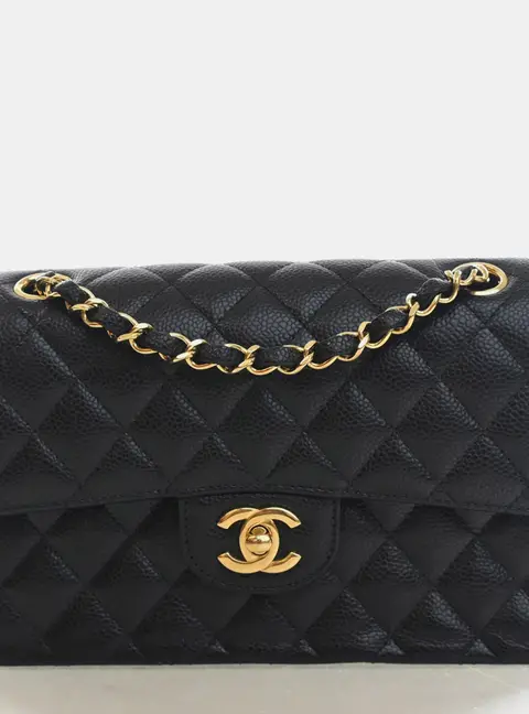 Chanel Small Classic Double Flap Bag Black Grained Calfskin Caviar Leather Gold Tone Handbag