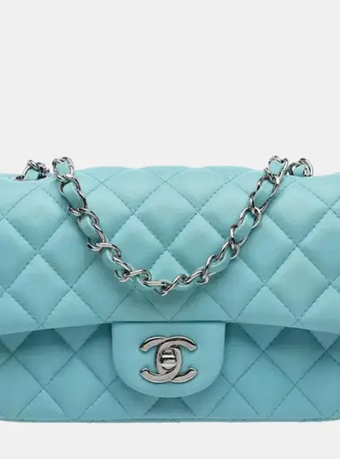 Chanel Classic Mini Rectangular Light Blue Lambskin Silver Metal Flap Shoulder Bag