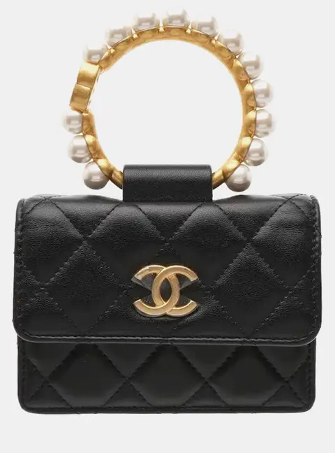 Chanel Pearl Handle Flap Chain Black Lambskin Leather Wallet Bag