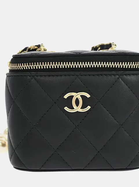Chanel Classic Vanity Case With Pearl Chain Quilted Lambskin Mini Black Shoulder Bag