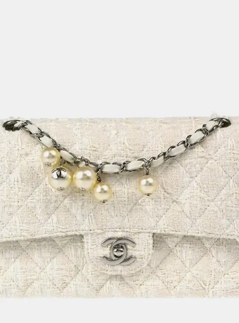 Chanel Ginza Limited Edition Medium White Tweed Pearl Shoulder Bag
