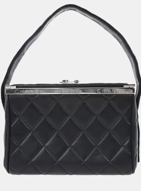 Chanel Vintage Quilted Karl Lagerfeld Metal Frame Small Black Lambskin Leather Top Handle Bag
