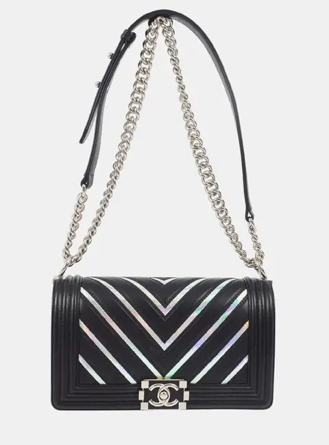 Chanel Boy Medium Black Lambskin Leather Holographic PVC Shoulder Bag