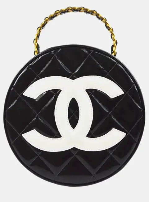 Chanel Round Vanity 1995 Black White Patent Leather Top Handle Bag