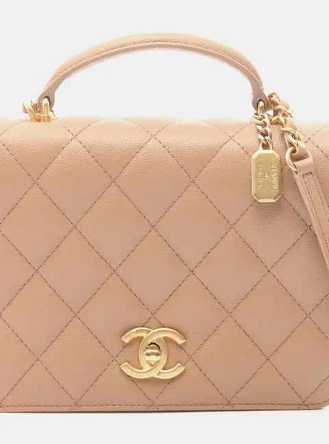 Chanel Matelasse AS4286 Beige Caviar Skin Leather Top Handle Shoulder Bag