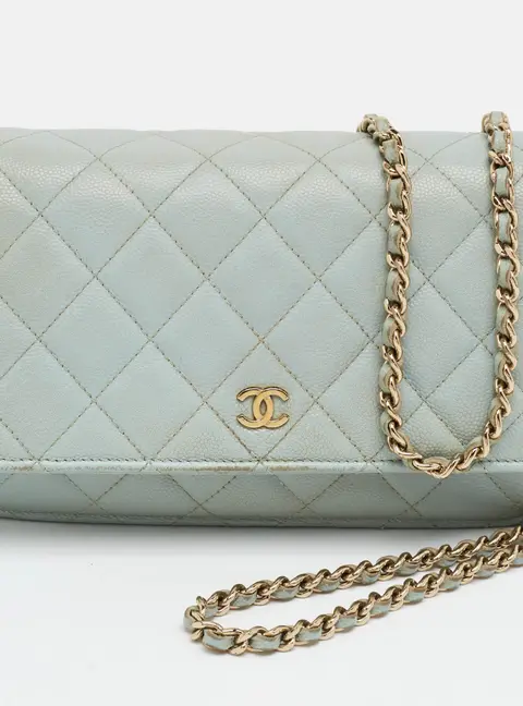 Chanel Classic Light Blue Quilted Caviar Leather Wallet On Chain