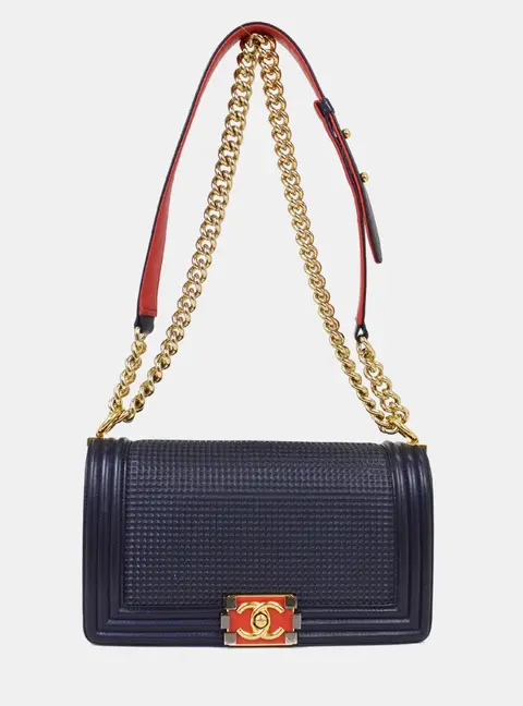 Chanel Boy Medium Navy Cube Embossed Lambskin Leather Shoulder Bag