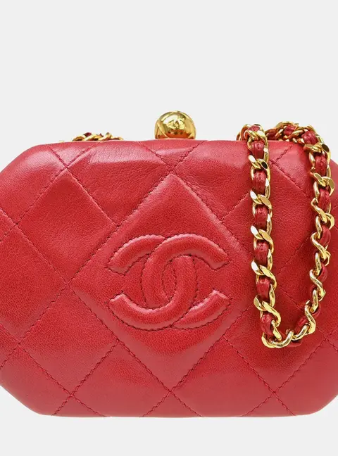 Chanel Kiss Lock Mini Red Quilted Lambskin Leather Clutch Bag