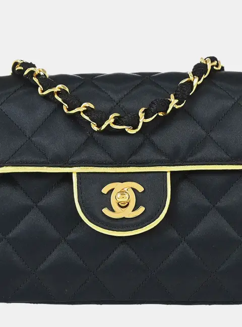 Chanel Vintage Classic Mini Square Black Quilted Satin Gold Piping Single Flap Bag