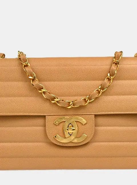 Chanel Vintage Horizontal Quilted Jumbo Beige Caviar Leather Single Flap Bag
