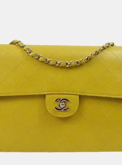 Chanel Single Flap Large Yellow Green Caviar Skin Leather Shoulder Bag