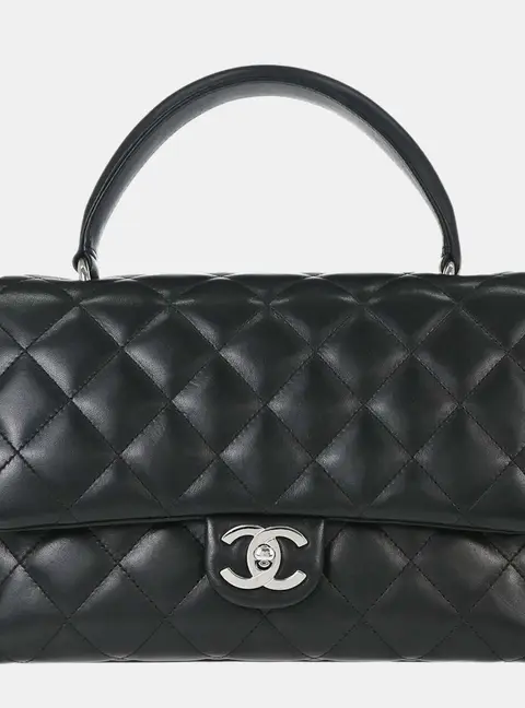 Chanel Quilted Lambskin Medium Black Top Handle Flap Satchel Bag