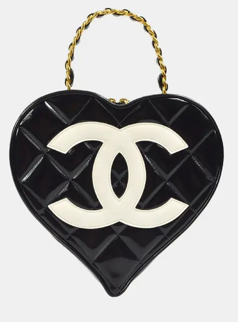 Chanel 1995 CC Heart Diamond -Quilted Black Patent Leather Vanity Bag
