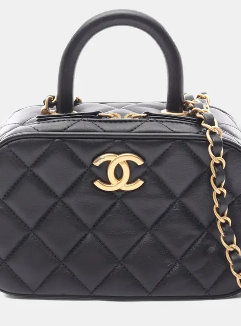 Chanel Matelasse Mini Black Lambskin Leather Top Handle Bowling Bag