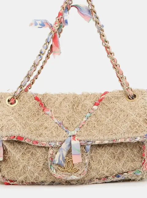 Chanel Country Chic Flap 30 Beige Multicolor Raffia Ribbon Chain Shoulder Bag