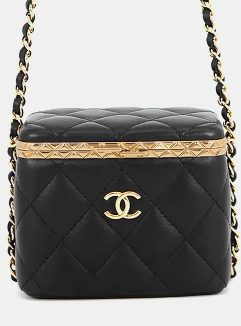 Chanel Matelasse Small Black Lambskin Leather Metal Lock Frame Vanity Chain Shoulder Bag
