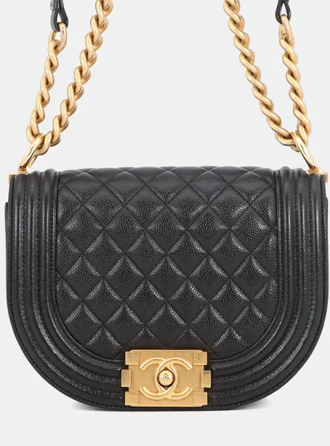 Chanel Boy Curved Small Black Quilted Caviar Leather Messenger Bag