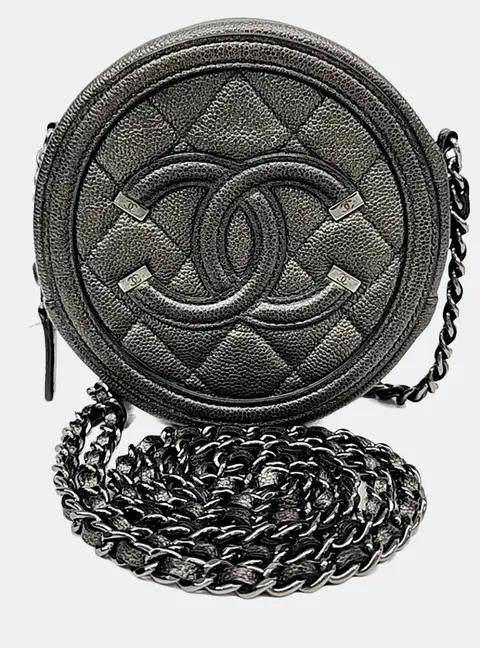 Chanel Grey Caviar Round Mini Crossbody Bag