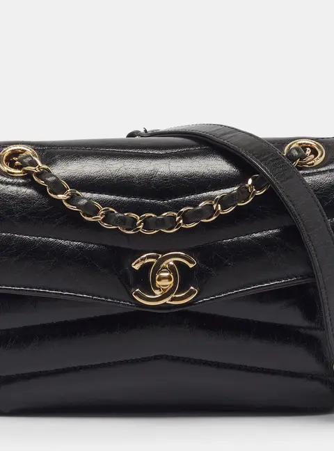 Chanel Miroir Flap Small Black Chevron Leather Bag