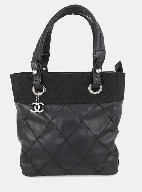 Chanel Paris-Biarritz Tote Bag Black Pvc Leather Size Pm