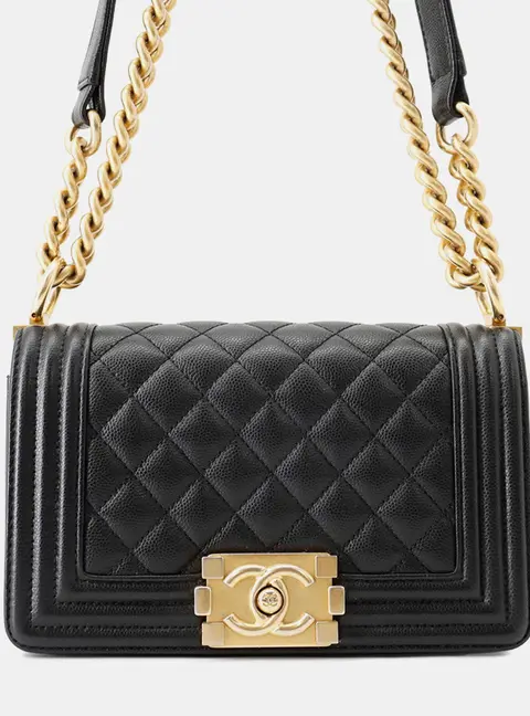 Chanel Boy Chanel Chain shoulder Bag Black Caviar Leather Size Small