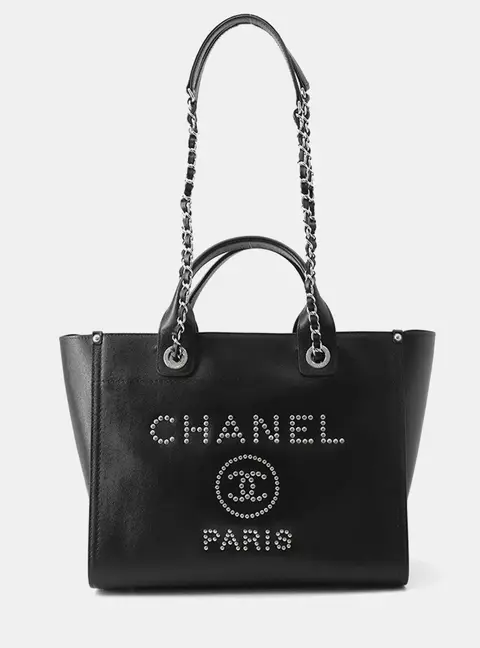 Chanel Deauville Studded 2Way Chain Tote Black Caviar Leather