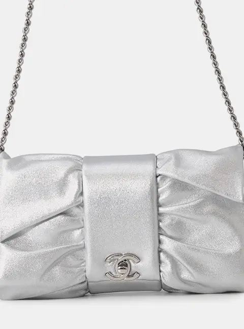 Chanel Ribbon Chain Shoulder Bag Silver Leather