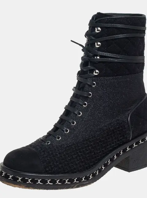 Chanel Black Tweed And Suede  Combat Boots Size 39