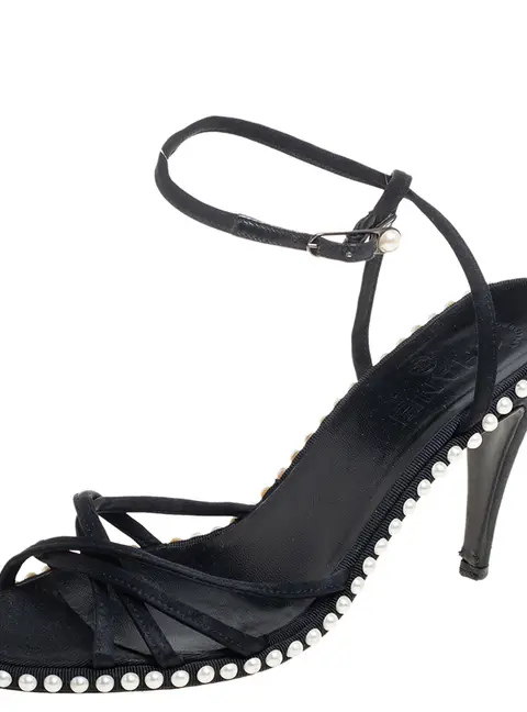 Chanel Black Satin Pearl Embellished Ankle Wrap Sandals Size 39.5