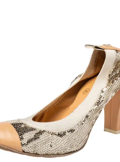 Chanel CC Size 35.5 Beige Leather and Sequins Block Heel Pumps