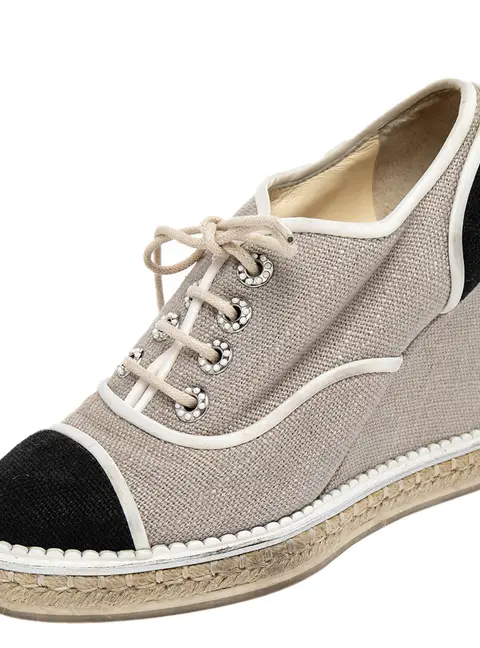 Chanel Beige/Black Jute CC Wedge Sneakers Size 38