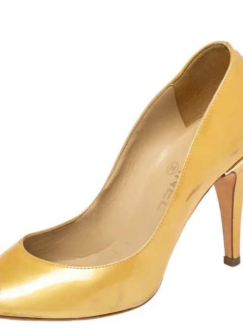 Chanel Gold Patent Leather CC Peep Toe Pumps Size 36.5