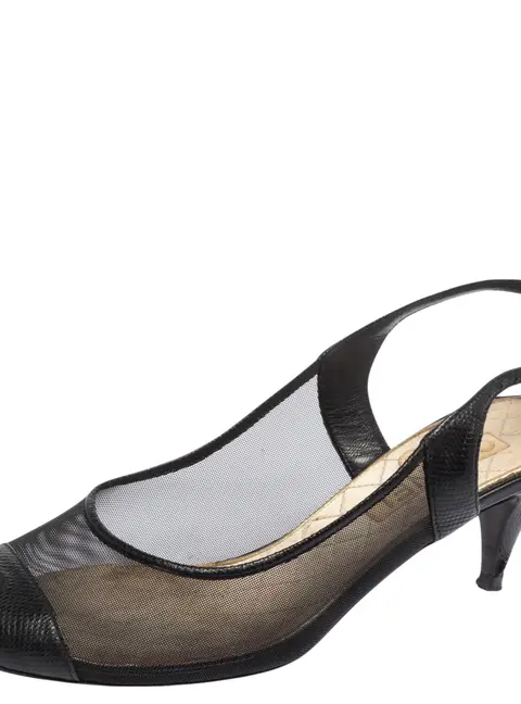 Chanel Black Mesh And and Lizard CC Cap Toe Slingback Sandals Size 36.5
