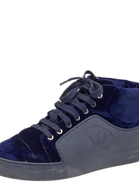 Chanel Navy Blue Velvet And Rubber CC High Top Sneakers Size 37.5