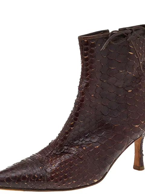 Chanel Dark Brown Python Leather Pointed Toe Ankle Length Boots Size 38.5