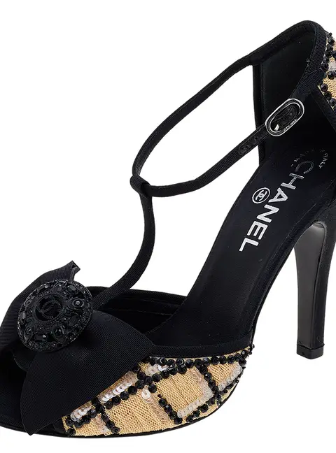 Chanel Beige/Black Mesh And Fabric Ankle Strap Sandals Size 38