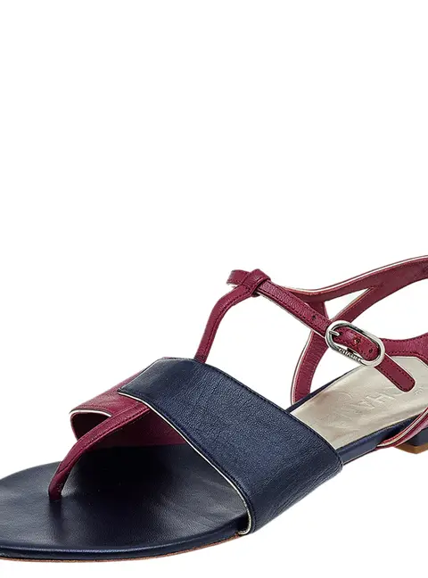 Chanel Burgundy/Black Leather CC T-Strap Sandals Size 39.5