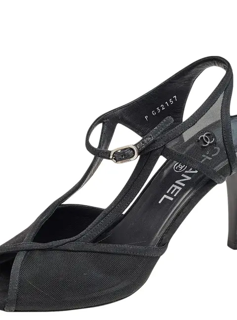 Chanel Black Mesh And Satin CC Ankle Strap Sandals Size 37.5
