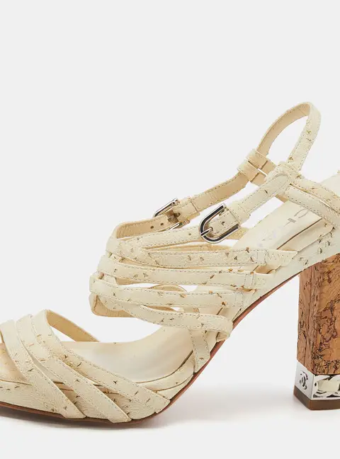 Chanel Cream Leather Chain Embellished Cork Block Heel Strappy Sandals Size 38.5