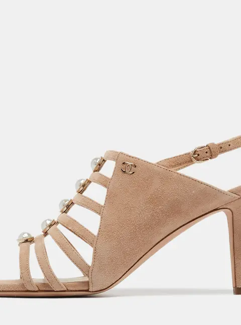 Chanel Beige Suede  Pearl Slingback Sandals Size 37.5
