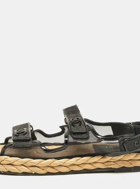 Chanel Black Mesh and Patent Leather Espadrille Dad Sandals Size 42